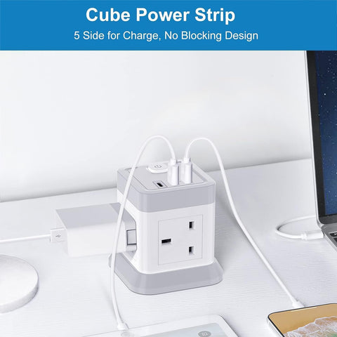 BEVA 4 Way Cube Extension Lead with 3 USB Ports, 1.5m Cable & On/Off Switch – Keep Your Everyday Essentials Powered Without the Desk Clutter