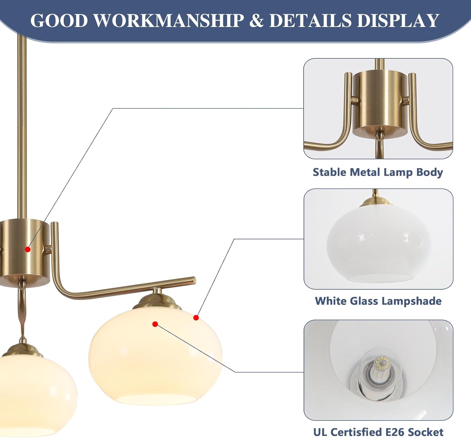 Brass pendant light with close-up details on metal body, glass lampshade, and E26 socket.