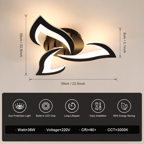 Ceiling light fixture with dimensions and features displayed on a beige background