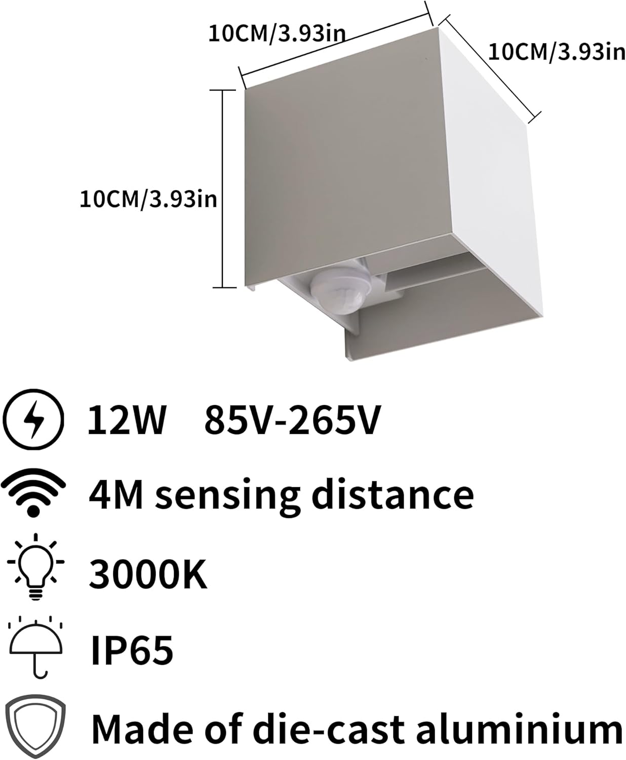 Outdoor security light with dimensions, specifications, and features on a white background