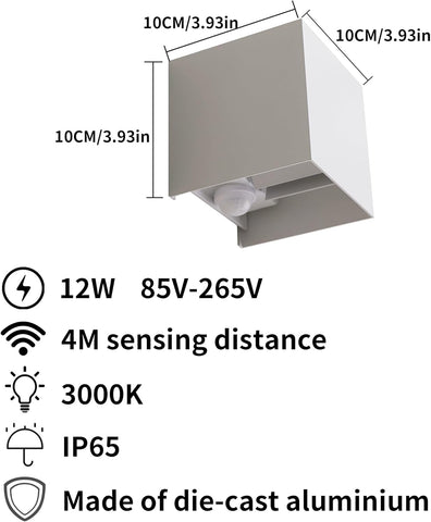 Outdoor security light with dimensions, specifications, and features on a white background