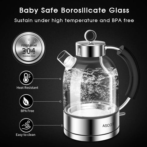 1.5L Glass Electric Kettle – Borosilicate Tea Heater & Hot Water Boiler, Auto Shut-Off & Boil-Dry Protection – Silver