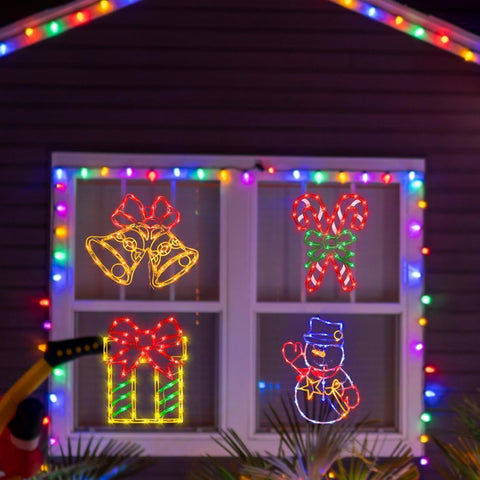 Pytopkto Christmas LED Window Silhouette Lights Set of 4 – Bell, Candy Cane, Snowman & Gift Box – Indoor & Outdoor Decorations