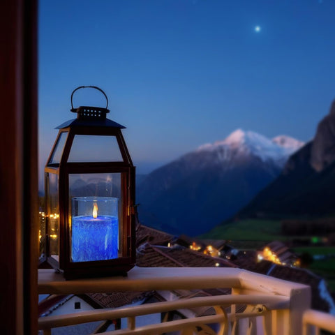 Blue Glass Flameless LED Pillar Candles with Real Wax Center, Flickering Light, Remote Control & Timer