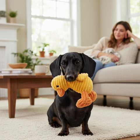 Yellow Duck Plush Dog Toy with Squeaker interactive play and enjoyment.