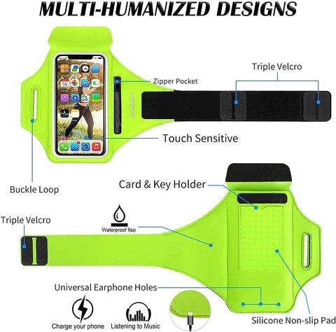 Sports Running Armband Black with Airpods Pocket Water Resistant 6.8" Green