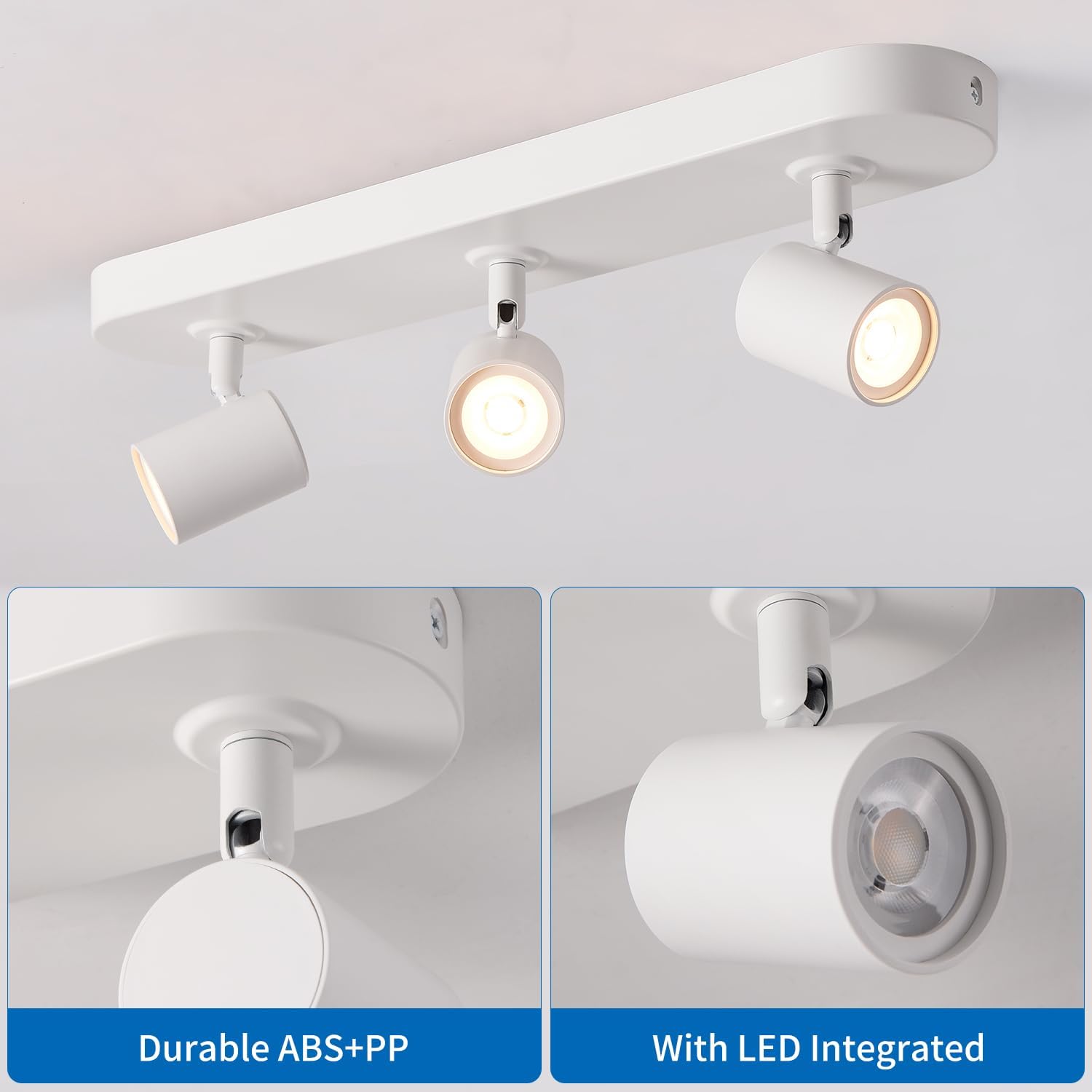 Ceiling light fixture with three spotlights on a white background