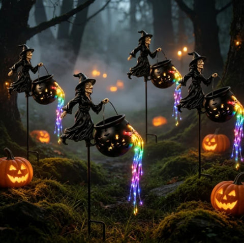 3D Witch Cauldron Garden Stake Light, Metal Iron Art Halloween Yard Ornament, Dimensional Ground Plug Decor for Flower Beds Pathways Patio Indoor Themed Decoration，2PCS