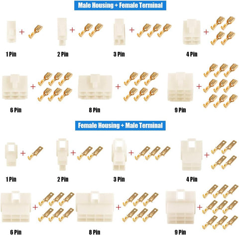 Glarks 400Pcs 6.3mm 1 2 3 4 6 8 9 Pin Electrical Automotive Wire Connector Male Female Socket Plug and Pin Header Crimp Wire Terminals Kit for Motorcycle, Bike, Car, Boats