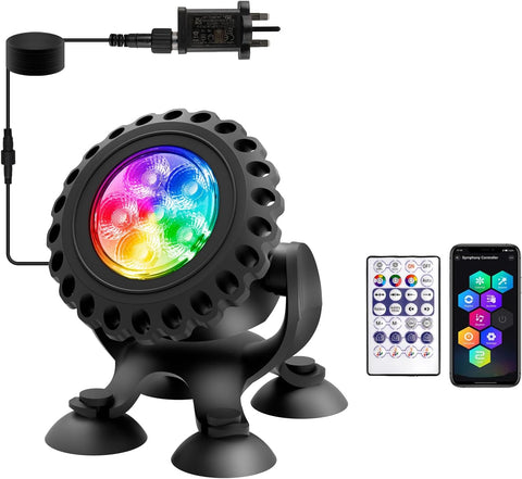 T-SUN RGB Underwater Pond Light with Bluetooth App & Remote Control – IP68 Waterproof Submersible LED Fountain Spotlight for Ponds, Aquariums & Gardens