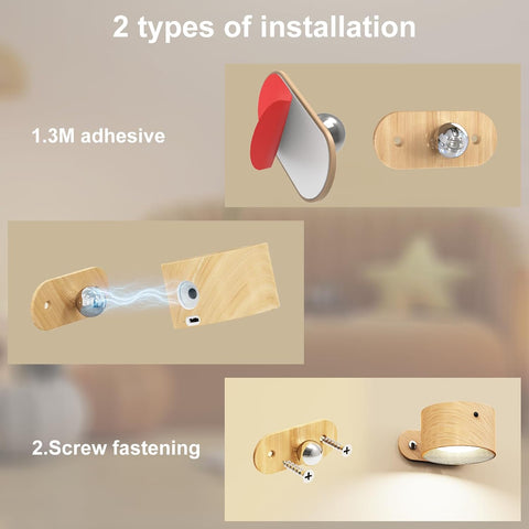 LED Wall Lights with USB Charging Port 2 Pcs Reading Light, Dimmable Touch Control 3 Brightness Levels Wall Spotlights 360 Free Rotation Bedside Lamp for Bedroom Remote Control Woodgrain