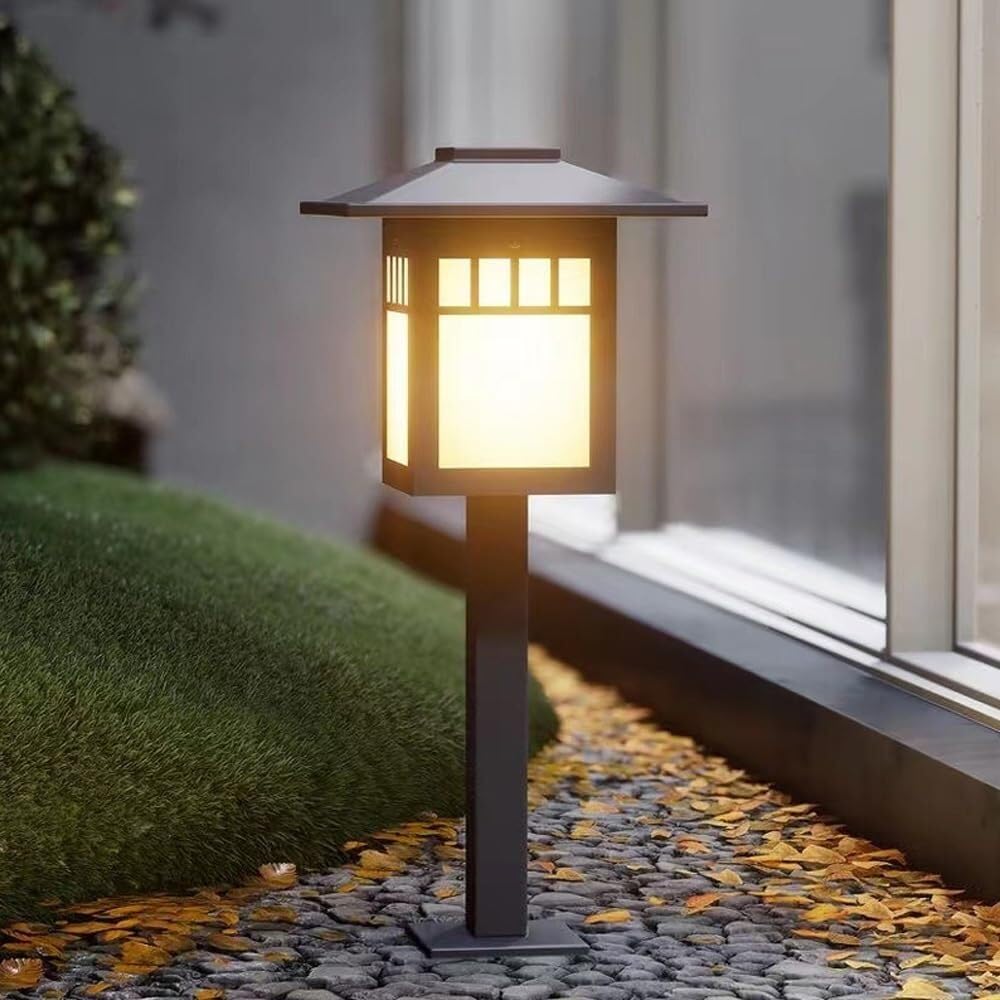 Retro Landscape Path Light, Vintage Chinese Style Bollard Lantern Gray Galvanized Steel E26 Base, IP65 Waterproof Outdoor Pathway Lighting for Garden Courtyard Walkway Patio(60CM)