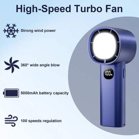 Portable Mini Handheld Fan with LED Display & Flashlight, 100 Speeds