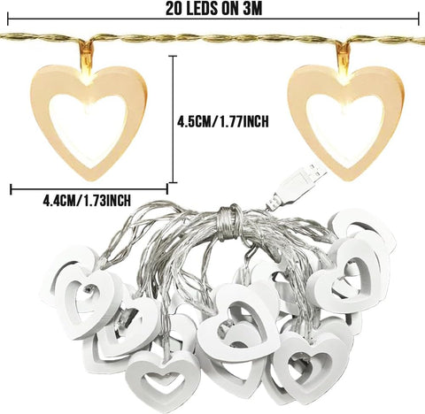 Warm White Wooden Heart USB String Lights, 3m Indoor Fairy Lights for Romantic & Event Décor