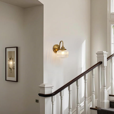 Vintage Gooseneck Wall Light Sconce with Clear Striped Glass Globe Shade Hardwired Bedside Wall Mounted Lamp Fixture