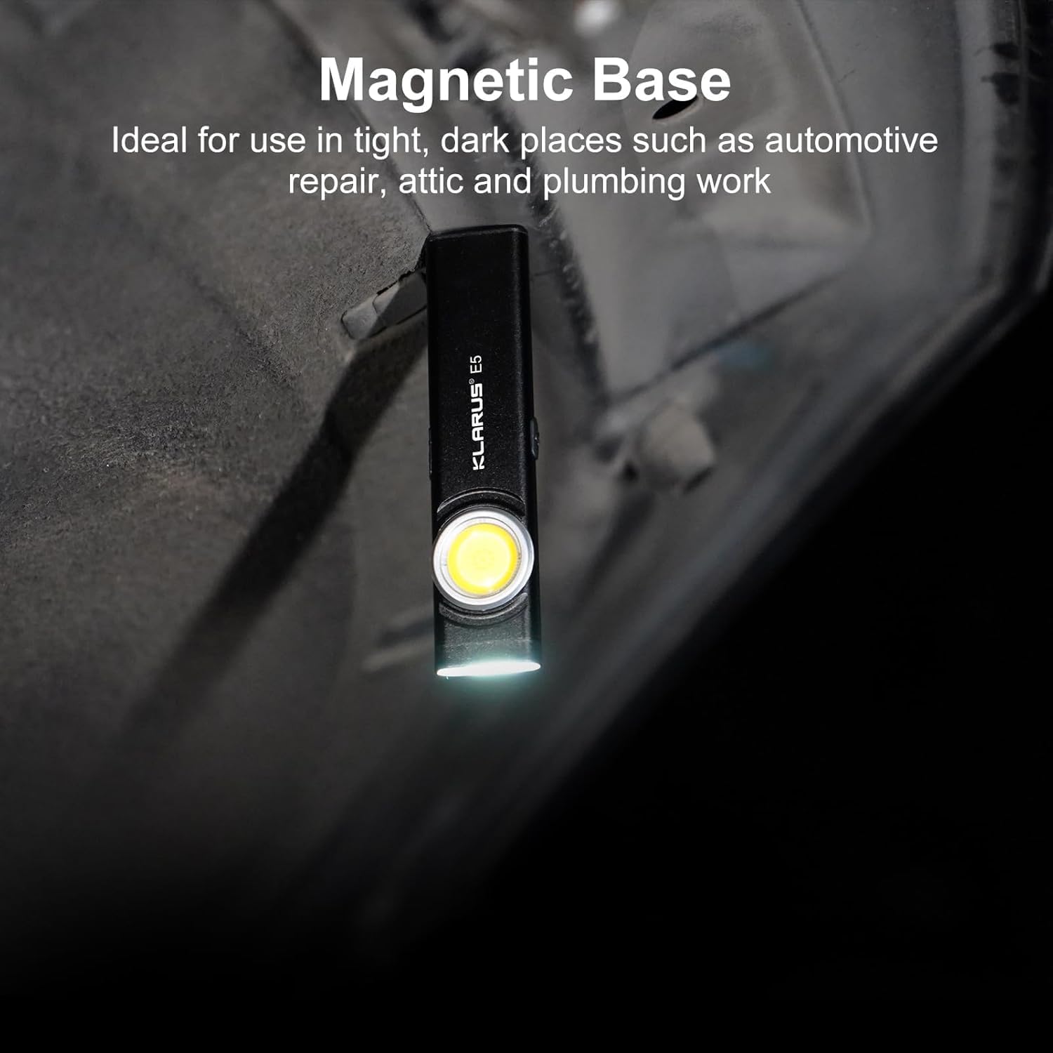 Flashlight with magnetic base on a dark surface, ideal for tight, dark places.