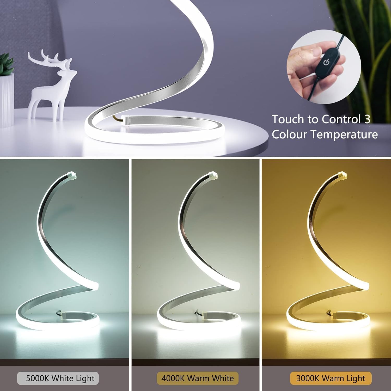 Modern LED table lamp with touch control feature, showing color temperature options.