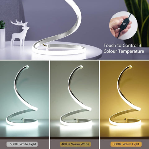 Modern LED table lamp with touch control feature, showing color temperature options.