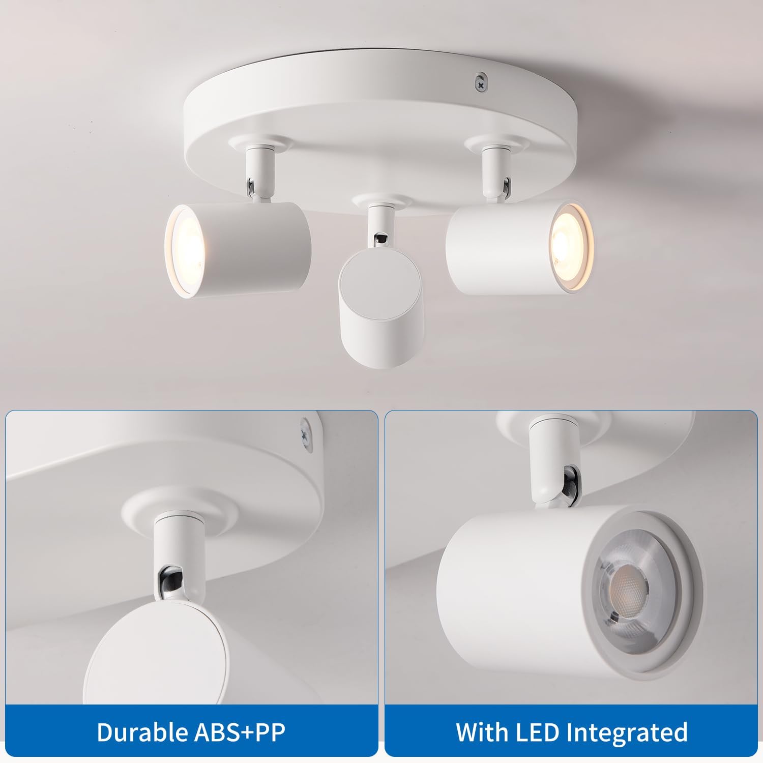 White ceiling light fixture with three adjustable lights on a gray background