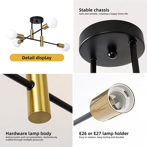 Ceiling light fixture with gold and black design, showing hardware lamp body and E26/E27 lamp holder.
