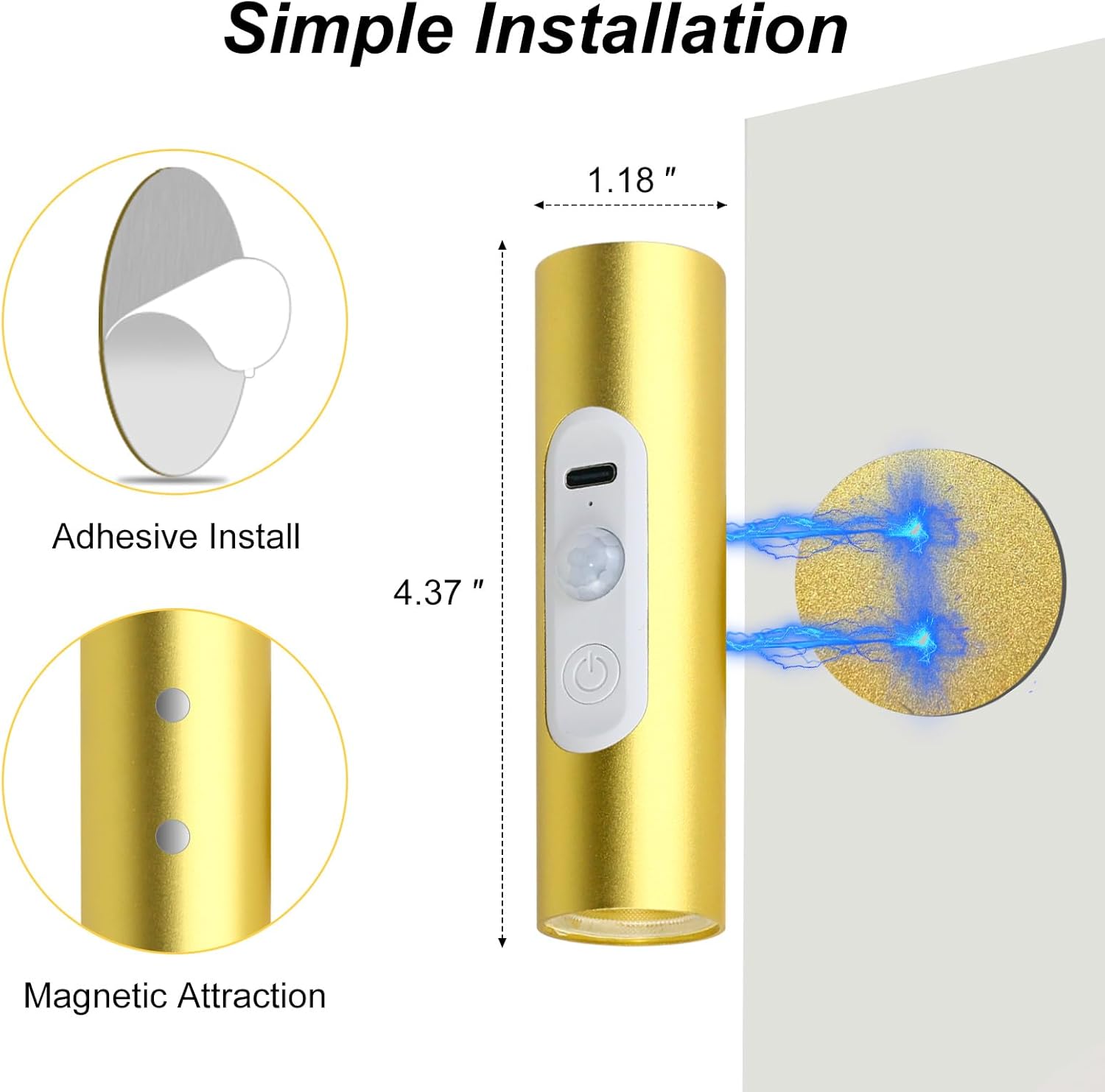 Gold cylindrical device with adhesive and magnetic attraction features on a white background