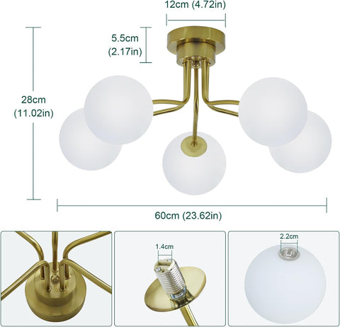 Gold ceiling light fixture with white globe lights and measurements on a white background