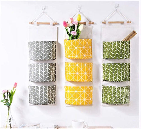 KAHEIGN 3-Piece Wall Hanging Storage Organiser – Waterproof Cotton Linen Bags with 3 Pockets Each for Bedroom, Bathroom & Kitchen – Give Every Little Essential Its Own Place