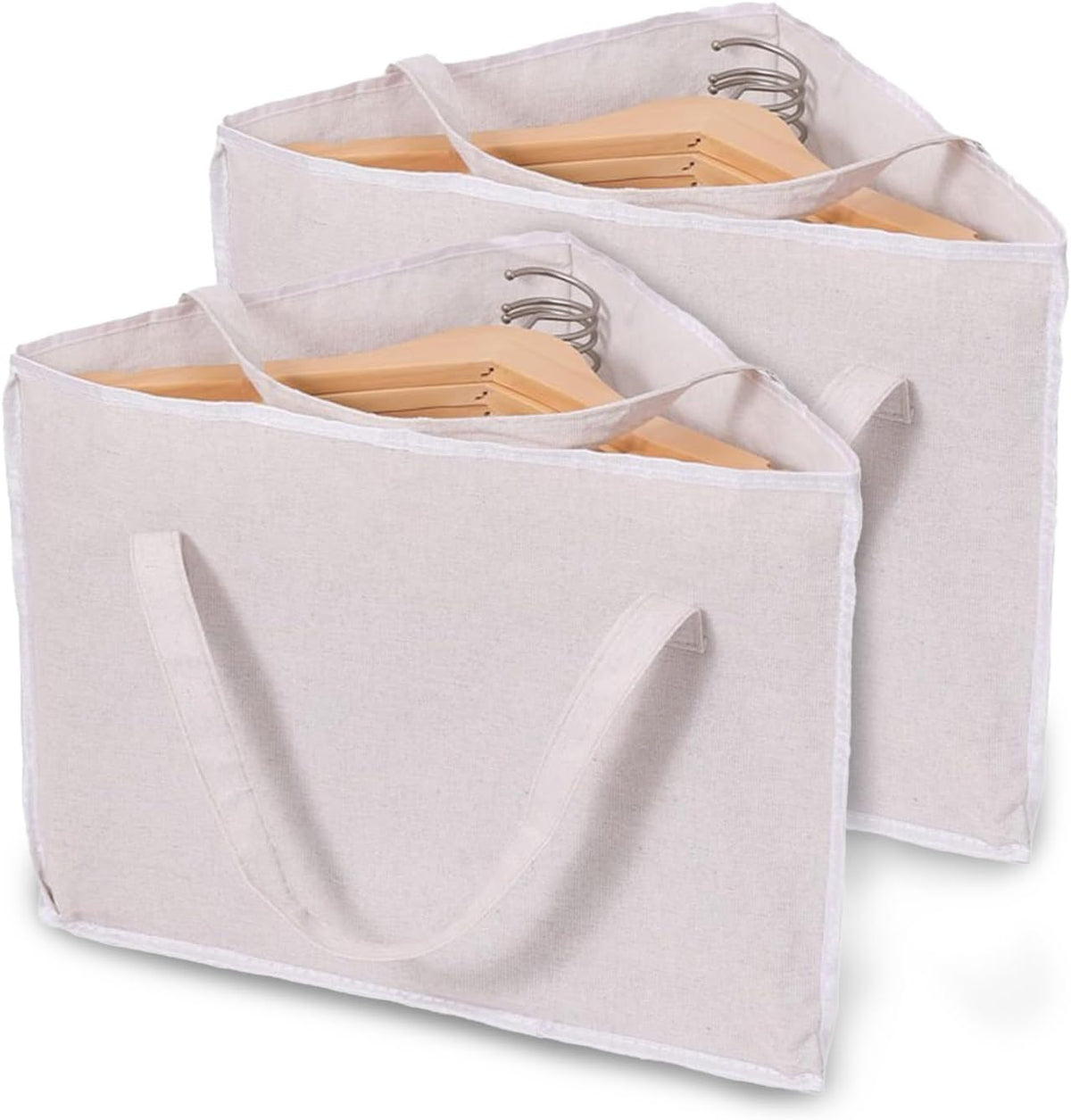 Atnayo 2-Pack Hanger Storage Bags, Off-White Foldable Clothes Hanger Organisers with Reinforced Carry Handles, Cotton Linen Wardrobe Storage for Travel & Home