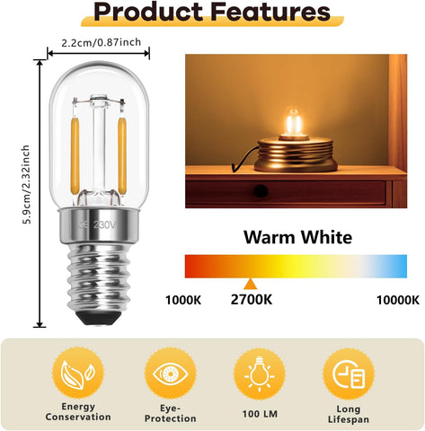 E14 LED Fridge Light Bulbs – Warm White 2700K, 1W T22 Pygmy Bulb, Replaces 10W–15W Halogen, SES Small Screw LED Bulbs for Refrigerator, Sewing Machine, Cooker Hood, Salt Lamp, Night Light – 2 Pack