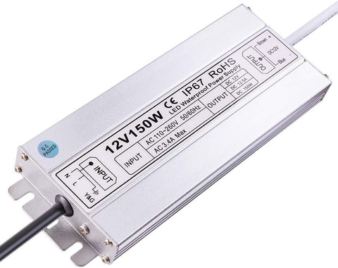 12VDC 12.5Amp 150W LED Driver, Waterproof IP67 LED Power Supply Transformer, AC 100-260V to DC 12V Adapter for LED Strip Lights, Outdoor Lighting, CCTV