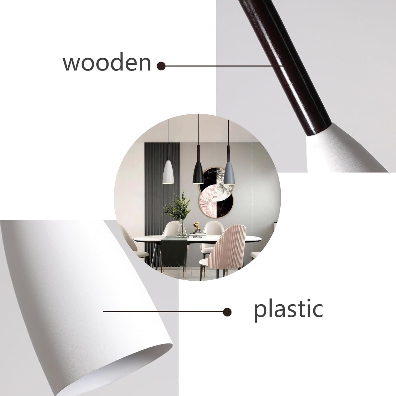 Light fixture with wooden and plastic components labeled, set against a white background.