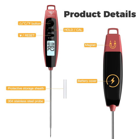 Instant Read Meat Thermometer with LCD Backlight, Black Red