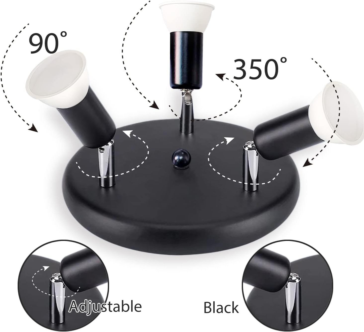 Black adjustable stand with multiple arms and white light bulbs on a white background