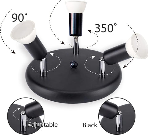 Black adjustable stand with multiple arms and white light bulbs on a white background