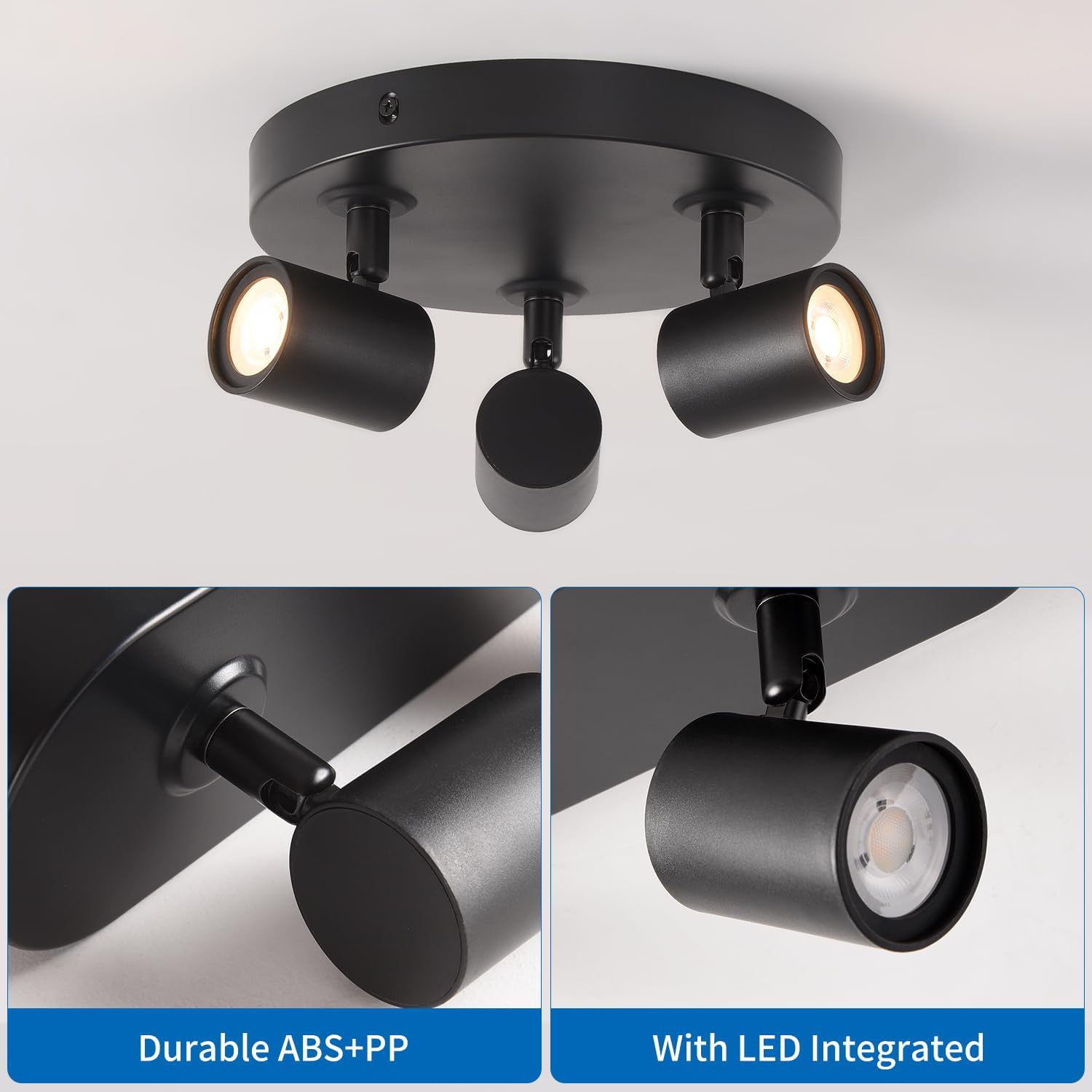 Black ceiling light fixture with three cylindrical lights on a white background