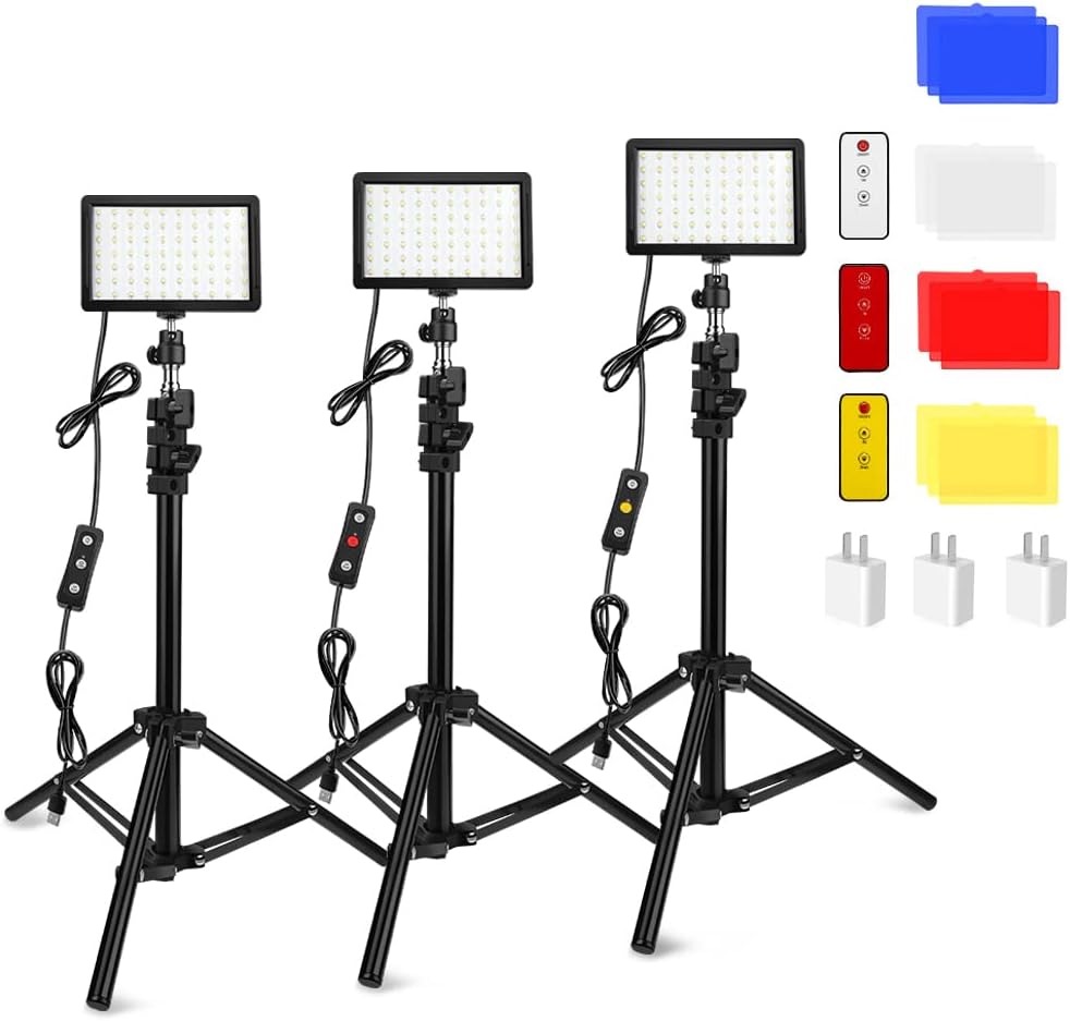 Pack of 3 70LED Video Light with Adjustable Tripod Stand in UK - 360° Rotatable, 3 Lighting Modes Color Filters, 5600K USB Studio Lighting Kit for Tablet/Low Angle Shooting, Collection Portrait, YouTube Photography