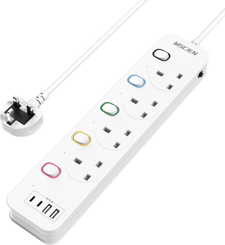Mscien 1M 4 Way Extension Lead with 4 USB Ports & Individual Switches – Wall Mountable Power Strip for TVs, Routers, Computers & Chargers - Keep Every Connection Neat, Close and Under Control