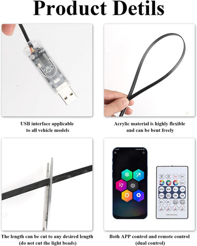 Acrylic Car Interior LED Strip Lights – 16 Million RGB Colours, 110cm USB Ambient Light with APP, Remote Control & Music Sync for Universal Vehicles