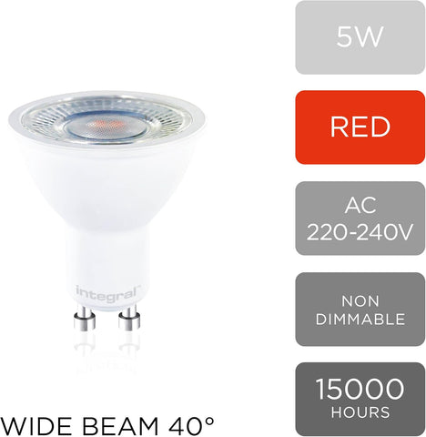 Integral LED GU10 Red Spotlight Bulb | 40˚ Beam Angle | Energy Saving 5W (50W Equivalent) | Decorative and Mood Lighting | Ideal for Home, Restaurants, Hotels, Gardens, Displays | 2-Pack