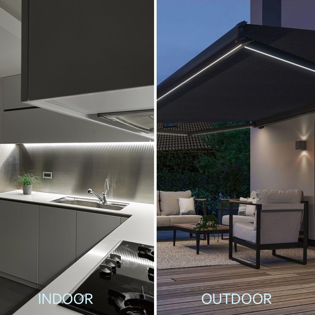 Collage of indoor and outdoor settings with kitchen and patio scenes.