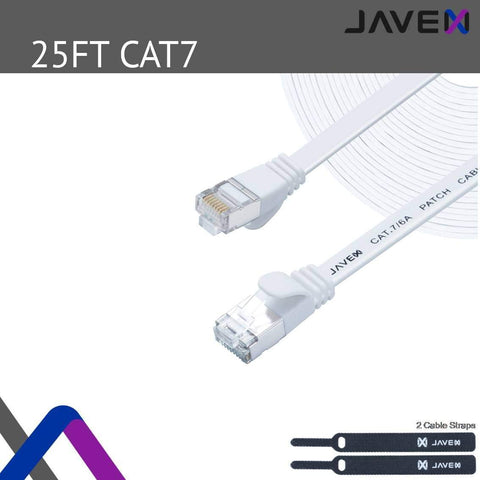 7.6M Flat Cat7 Ethernet Cable White – CAT6a/CAT7 RJ45 S/STP 10Gbps Shielded OFC High Speed Network Patch Cord 25FT Flat Design LAN Cable