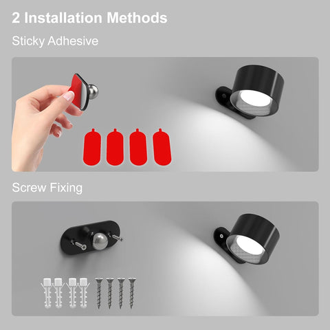 LED Battery Operated Wall Lights, 2Pack Wall Lamp with 3 Color Modes 3 Brightness Levels 360°Rotate Magnetic Touch Control, Reading Lights for Living Room Bedroom Black