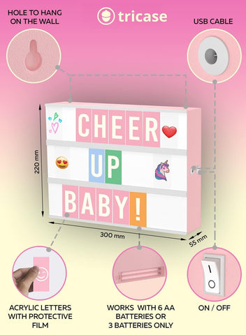 Pink A4 LED Lightbox with 312 Letters & Emoji, USB Powered
