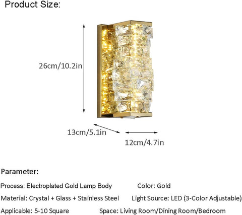 Wall sconce with dimensions and product details on a white background