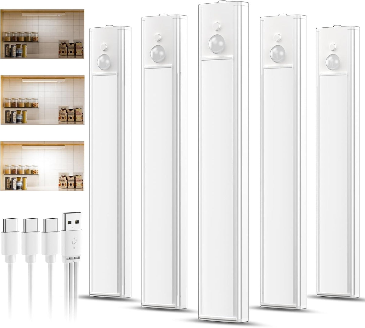 5 Pack Rechargeable Under Cabinet Lights with Motion Sensor – Wireless LED Cupboard Lighting with 3 Brightness Levels & Magnetic Mount - Light Up the Dark Corners You Use Every Day