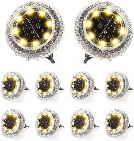 Solar Lights Outdoor Garden - 10 Pack Solar Ground Lights, 8 LED Warm White Solar-Powered Disk Light Outdoor, IP65 Waterproof Landscape Lighting for Garden Pathway Lawn Patio Yard