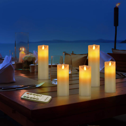 Led Candles, Flameless Candles, 5.5"/6"/6.5"/7"/8" Set of 5 Flameless Flickering Candles Battery Operated with 24 Hour Timer and 10 Key Remote Control, Ivory Real Wax Moving Wick Candles