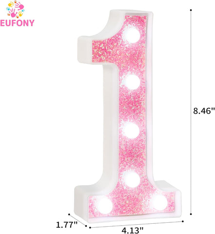 Number 1 Pink Glitter LED Marquee Light, Battery Powered Tabletop or Wall Decorative Number Lamp for Birthday, Party, Wedding and Home Decor
