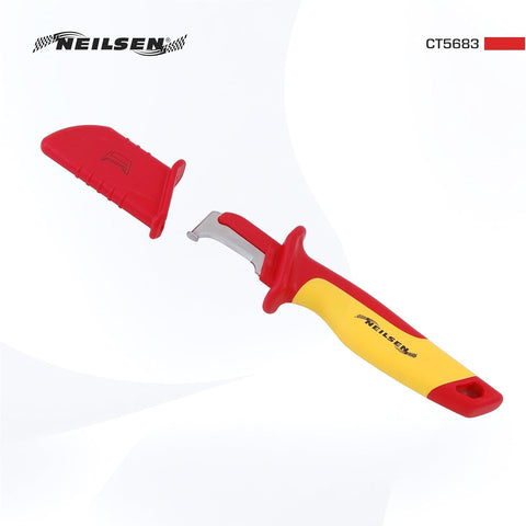 NEILSEN CT5683 VDE Insulated Cable Knife Red – 1000V Hook Blade Electrician Cable Slitting Tool with Ergonomic TPR Handle