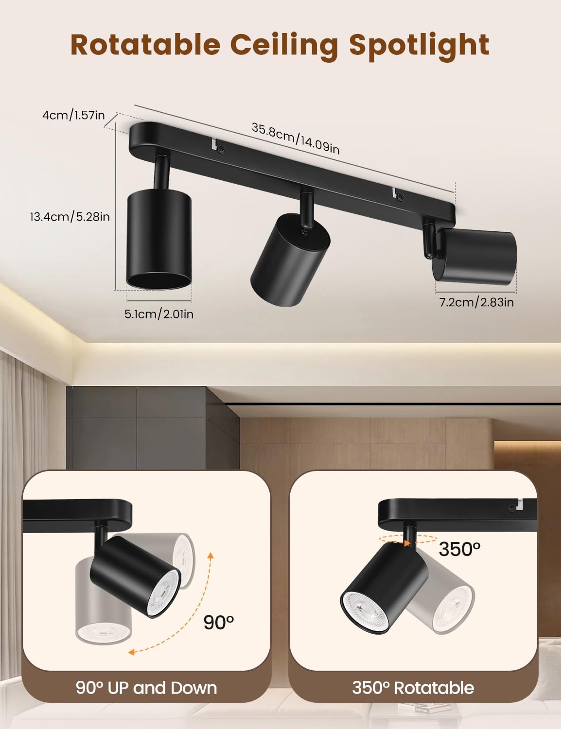 Rotatable ceiling spotlight with dimensions and features on a white background